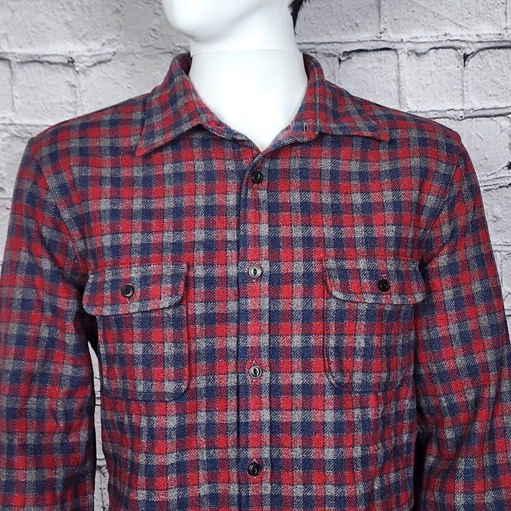 Wallin & Bros Red/Grey Wool Blend Plaid Long Sleeve Shirt, Men's Large